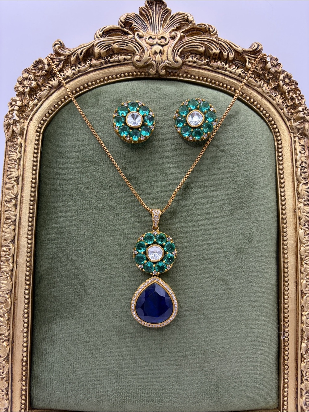 Gold-Tone Crystal Necklace Set with Emerald Green - Sapphire Blue Doublet Stone